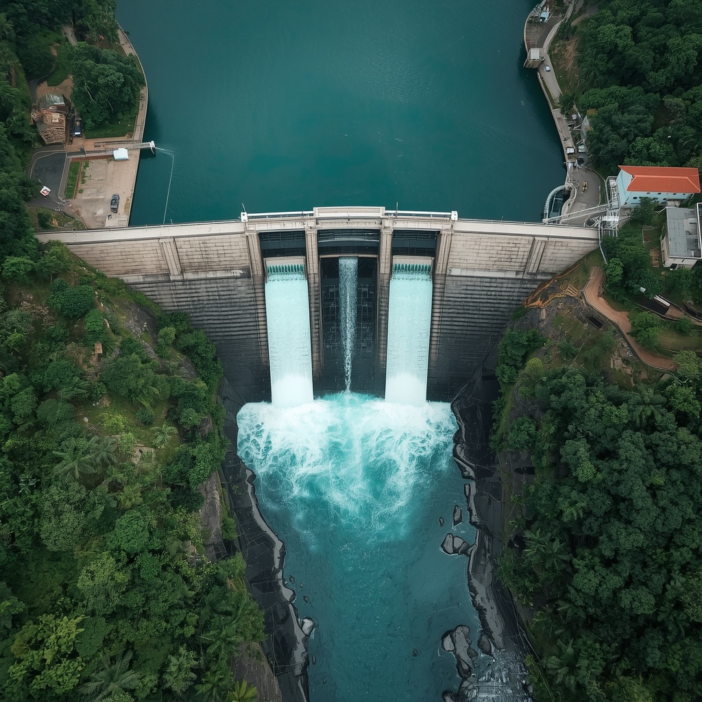 Large hydroelectric dam with crystal blue water flowing through open gates surrounded by dense tropical forest, aerial photography