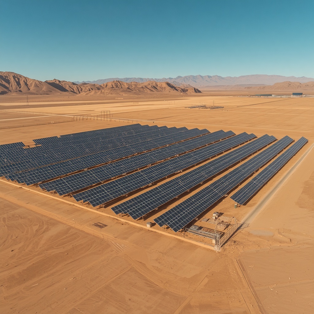 Aerial photograph of vast solar panel farm in golden desert landscape with clear blue sky and distant mountains, photorealistic