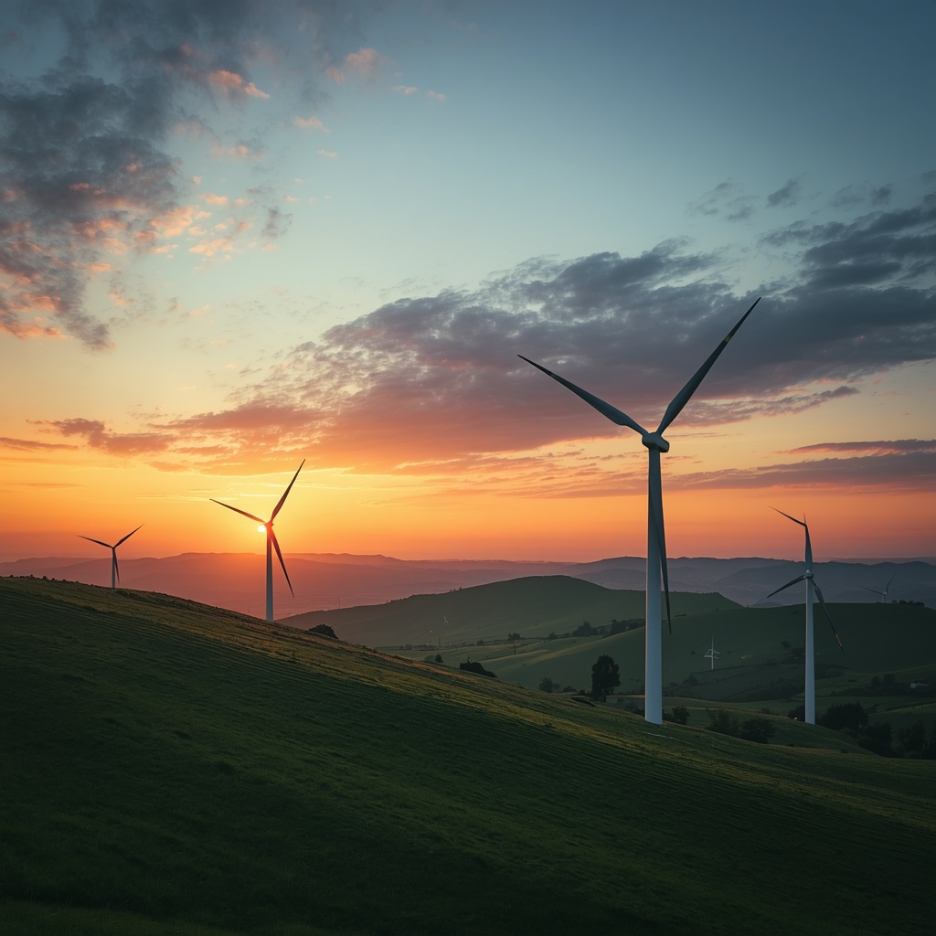 Modern white wind turbines on lush green rolling hills with dramatic sunset sky and scattered clouds, cinematic photography